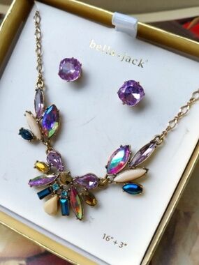 Stunning NIB Bella & Jack Purple Multi-Stone Statement Necklace & Earrings Set
